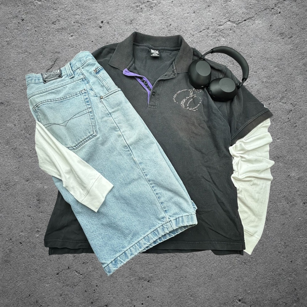 Vintage Enyce Sean‎ Combs Polo Shirt XXL Black Purple Rhinestone Y2K Streetwear